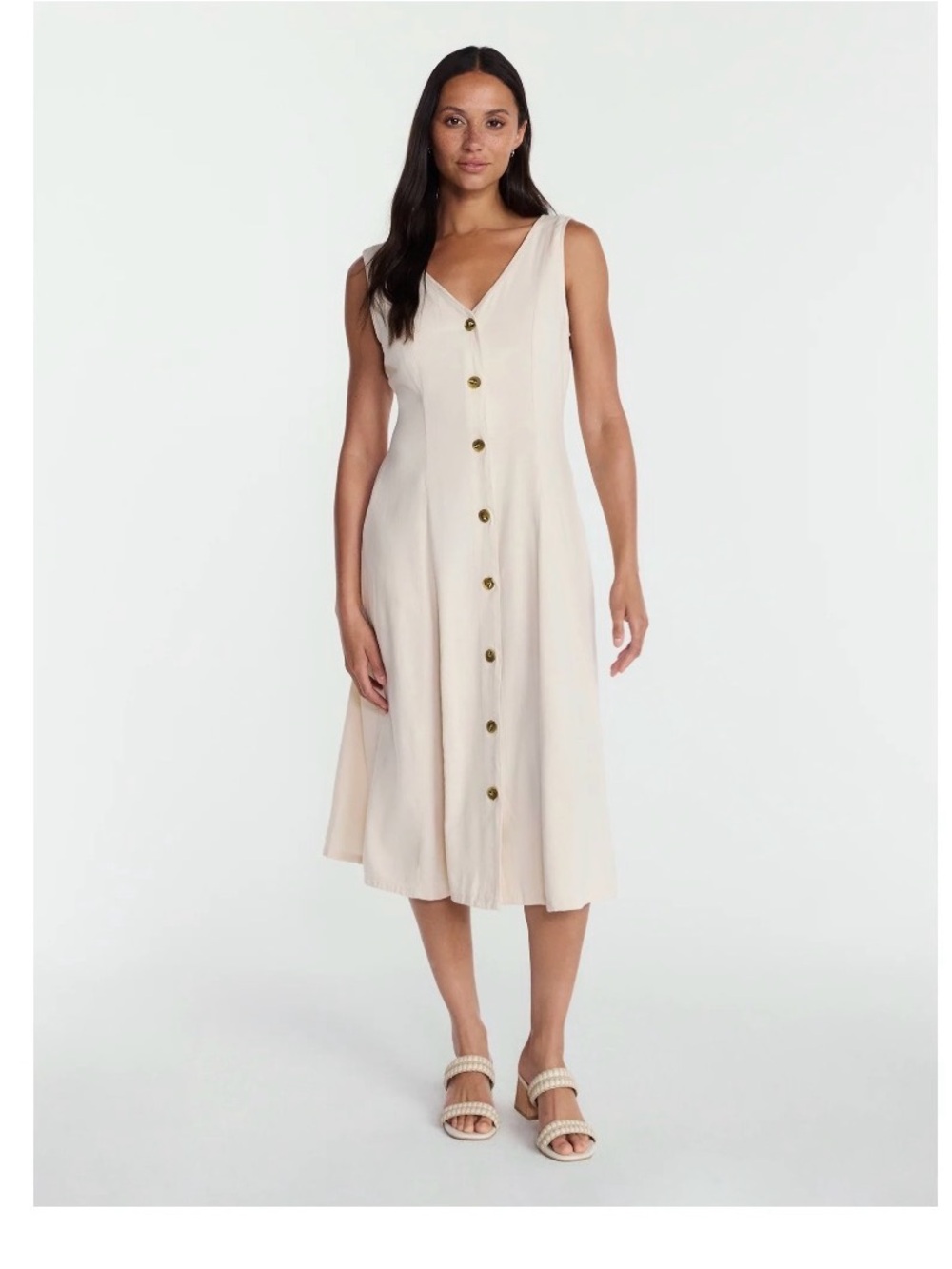 Time and Tru Cream Button-Front Midi Dress